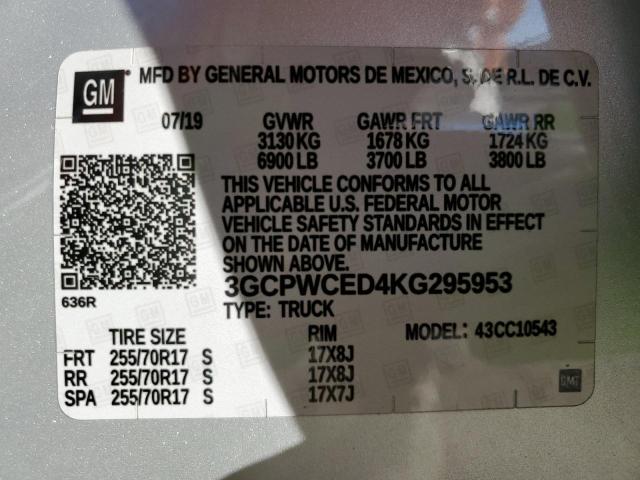 2019 CHEVROLET SILVERADO 3GCPWCED4KG295953