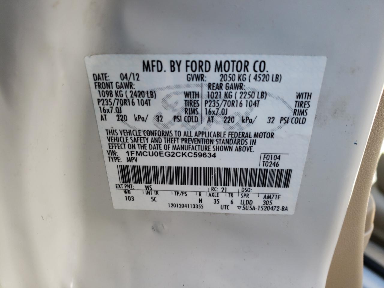 2012 Ford Escape Limited VIN: 1FMCU0EG2CKC59634 Lot: 72447982