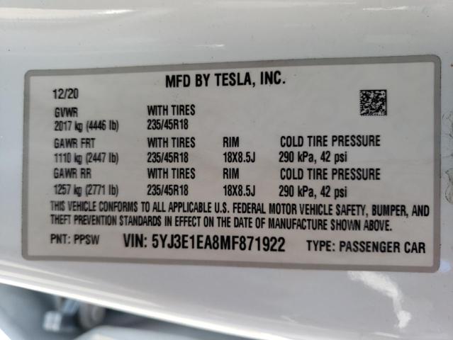 5YJ3E1EA8MF871922 Tesla MODEL 3
