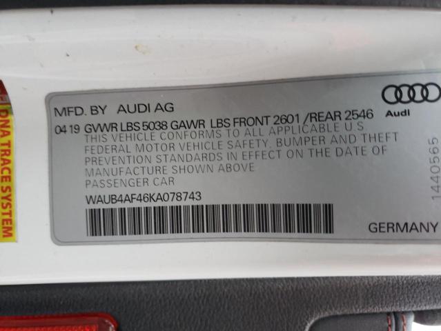 2019 AUDI S4 PREMIUM - WAUB4AF46KA078743