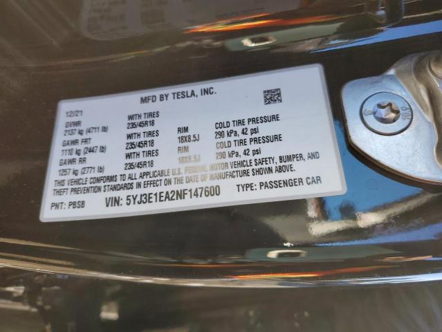 5YJ3E1EA2NF147600 Tesla MODEL 3