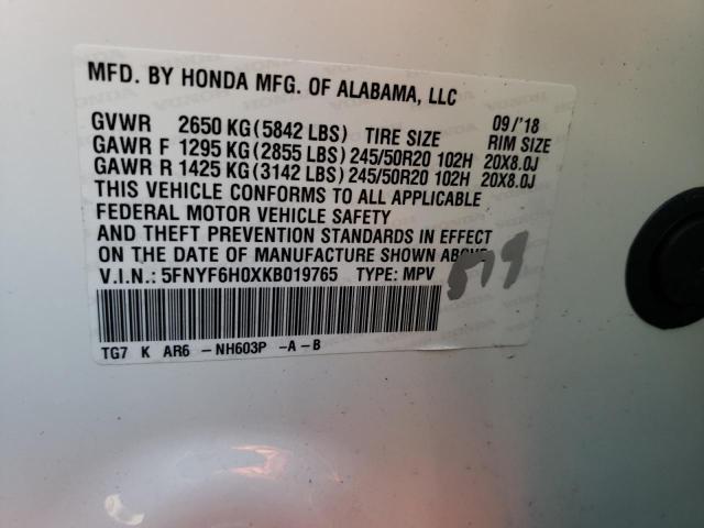 2019 HONDA PILOT ELIT 5FNYF6H0XKB019765