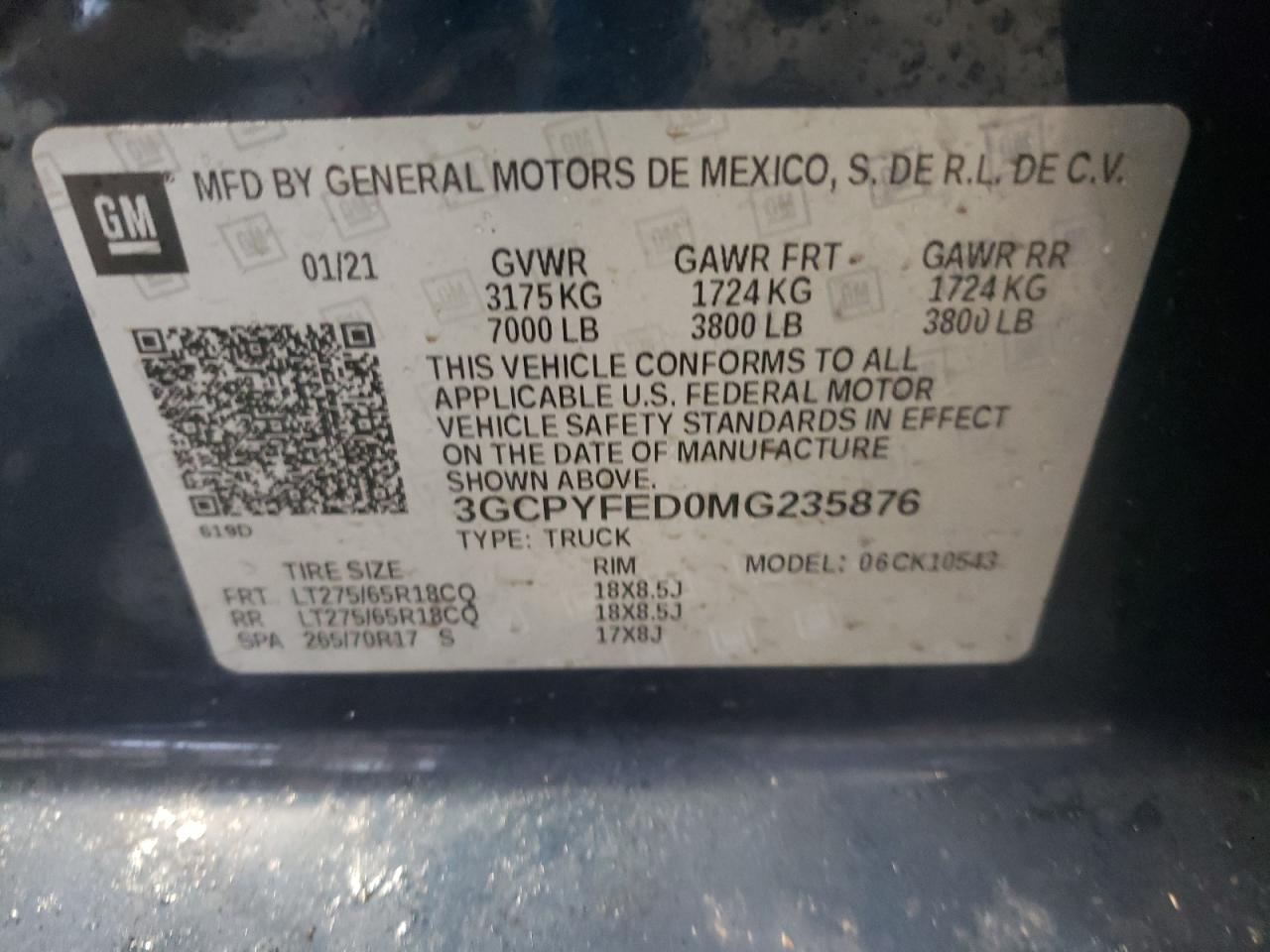 VIN: 3GCPYFED0MG235876 2021 CHEVROLET ALL Models