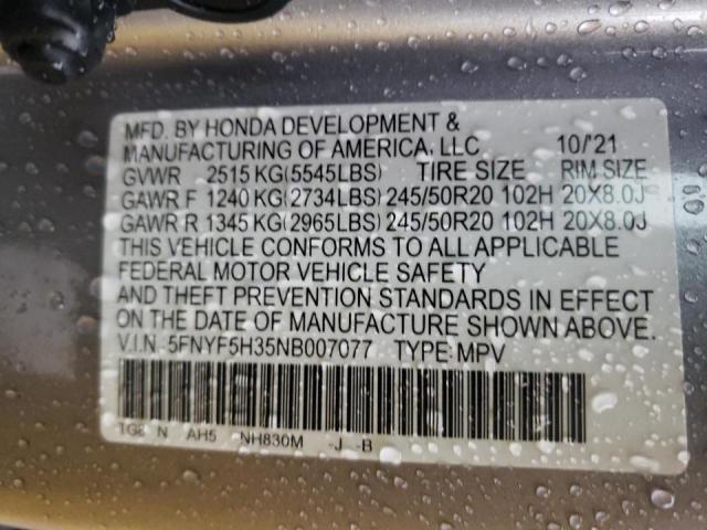 2022 HONDA PILOT SPOR - 5FNYF5H35NB007077