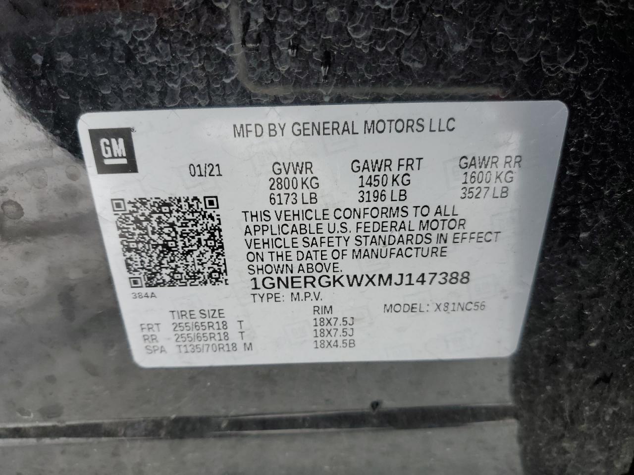 1GNERGKWXMJ147388 CHEVROLET TRAVERSE 2021