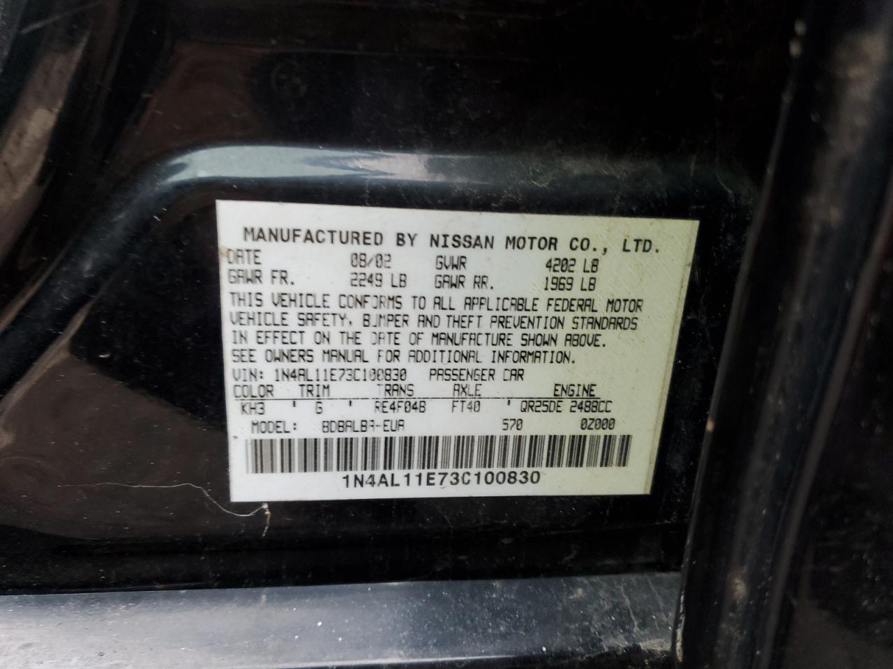 2003 Nissan Altima Base VIN: 1N4AL11E73C100830 Lot: 52448624