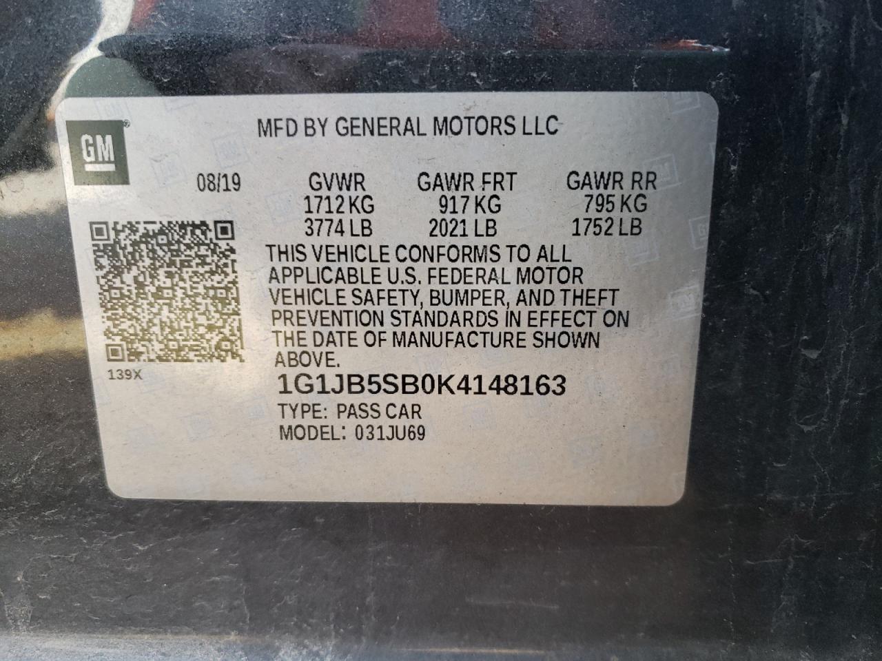 1G1JB5SB0K4148163 2019 Chevrolet Sonic Ls