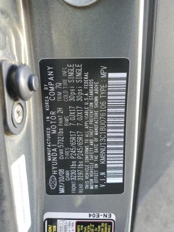 VIN: KM8NU13C18U076106 Auction: COPART Lot: 38157763 Location: KS - WICHITA KM8NU13C18U076106 HYUNDAI VERACRUZ 2008 GRAY Photo 13