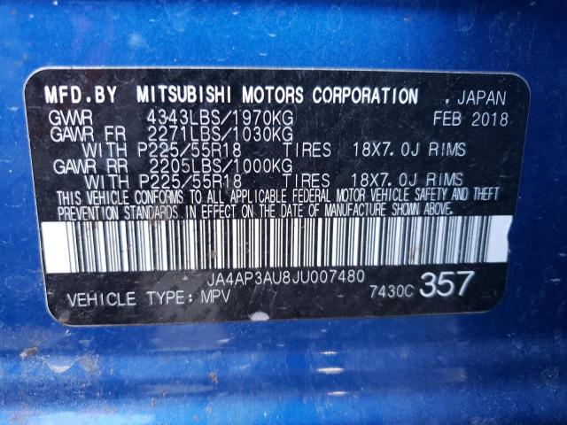 2018 MITSUBISHI OUTLANDER JA4AP3AU8JU007480