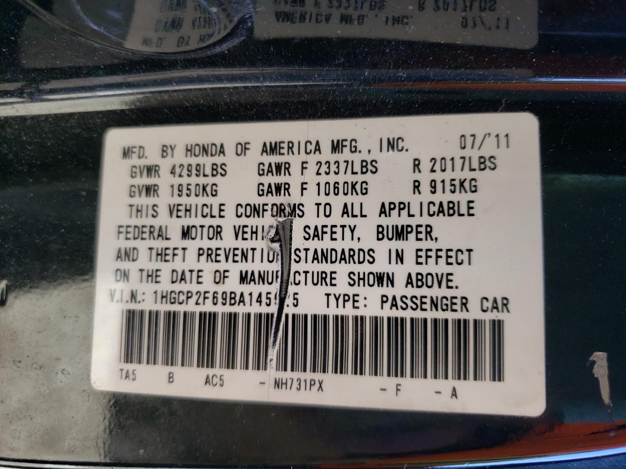 1HGCP2F69BA145925 2011 Honda Accord Se