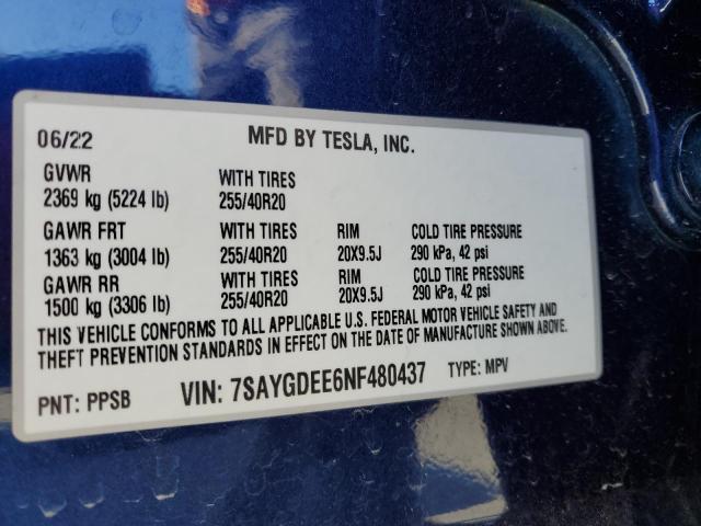 7SAYGDEE6NF480437 Tesla Model Y  10