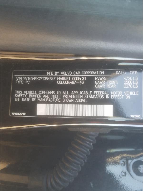 2015 VOLVO S60 PREMIE YV140MFK7F1354547