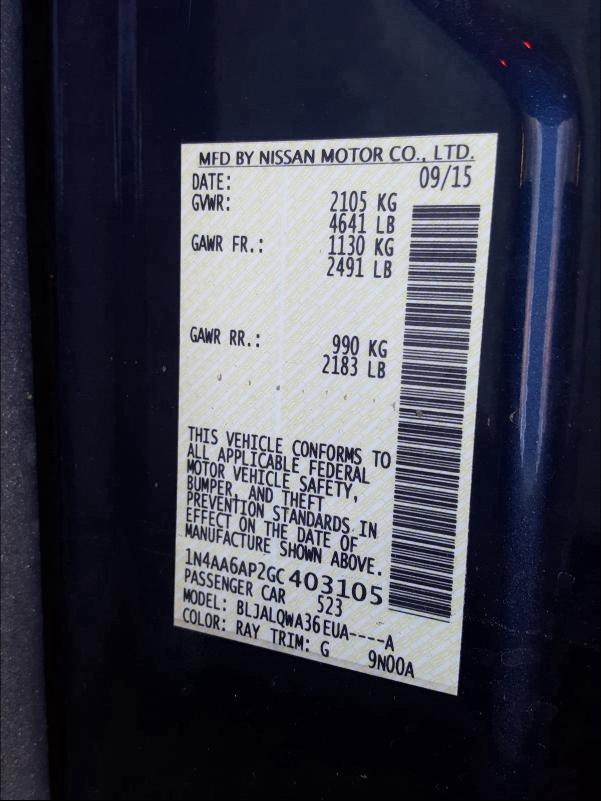 2016 NISSAN MAXIMA 3.5 1N4AA6AP2GC403105