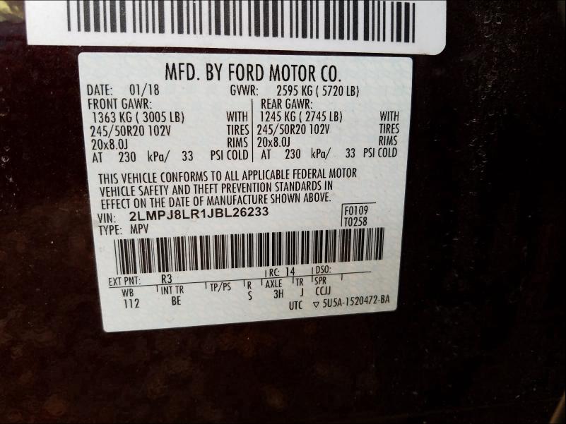 2018 LINCOLN MKX RESERV 2LMPJ8LR1JBL26233