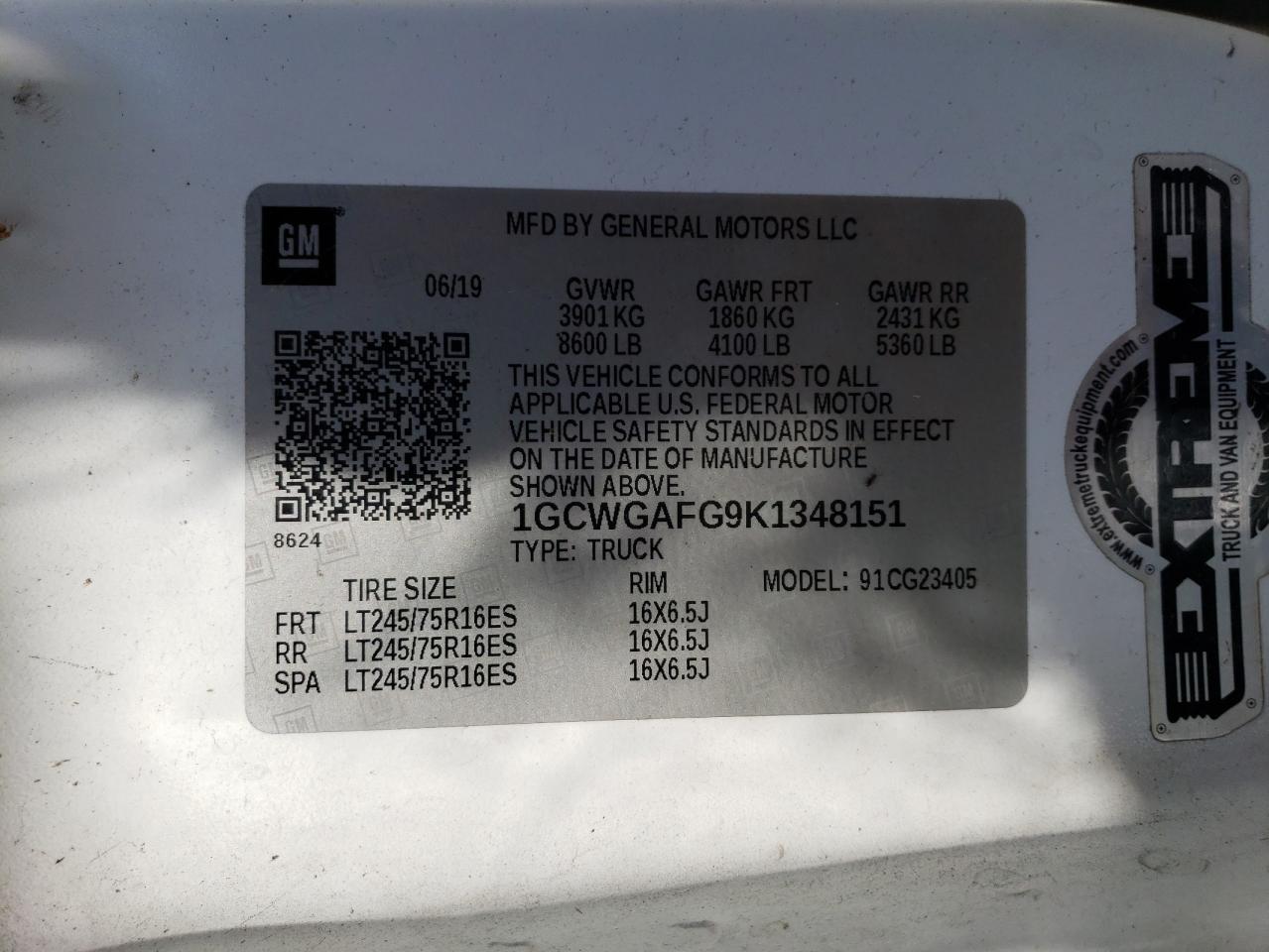 VIN: 1GCWGAFG9K1348151 2019 CHEVROLET EXPRESS
