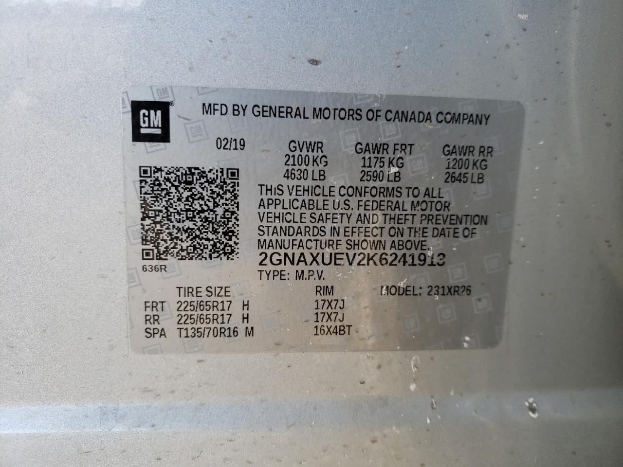 2GNAXUEV2K6241913 CHEVROLET EQUINOX 2019