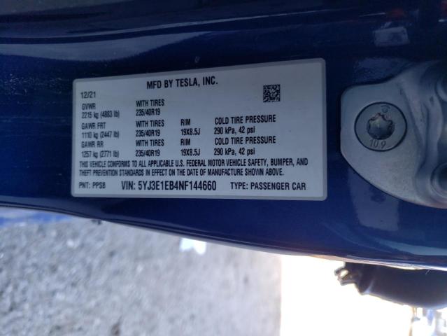 2022 TESLA MODEL 3 - 5YJ3E1EB4NF144660