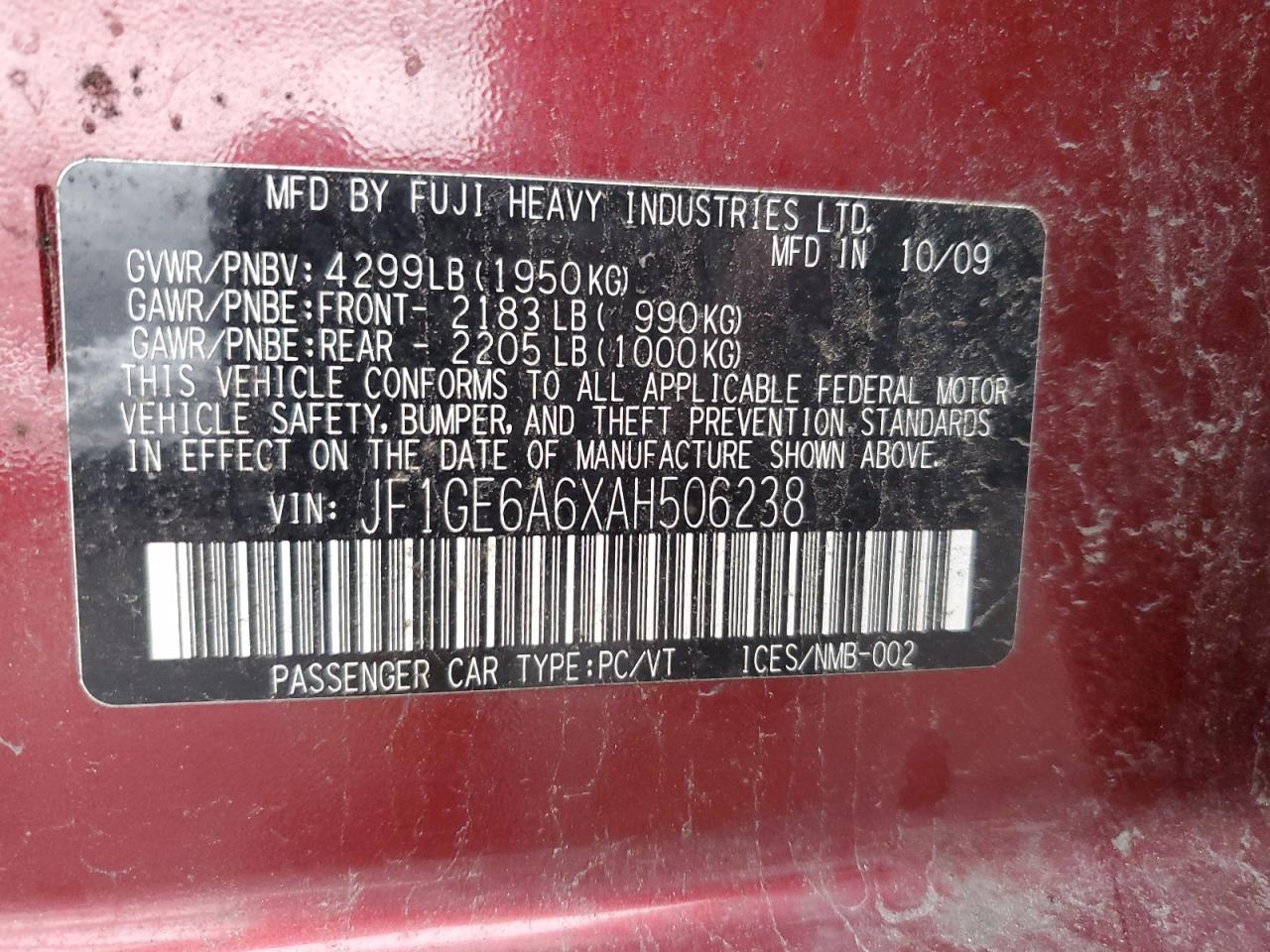 JF1GE6A6XAH506238 2010 Subaru Impreza 2.5I