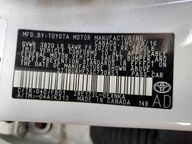 2016 TOYOTA COROLLA L 2T1BURHE2GC730851
