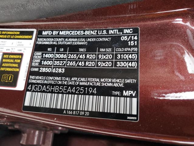 VIN 4JGDA5HB5EA425194 2014 Mercedes-Benz ML-Class, ... no.13