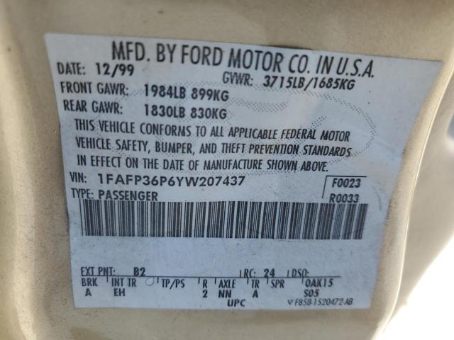 2000 FORD FOCUS SE VIN: 1FAFP36P6YW207437