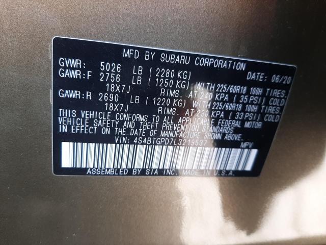 2020 SUBARU OUTBACK TO - 4S4BTGPD7L3219537