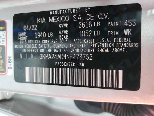 3KPA24AD4NE478752 KIA RIO LX