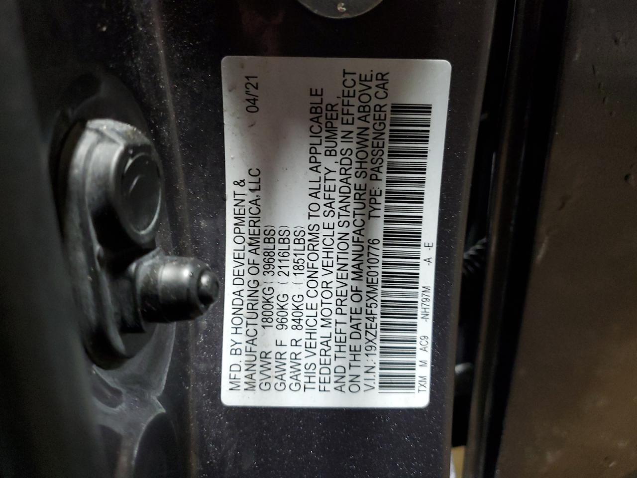 19XZE4F5XME010776 HONDA INSIGHT 2021