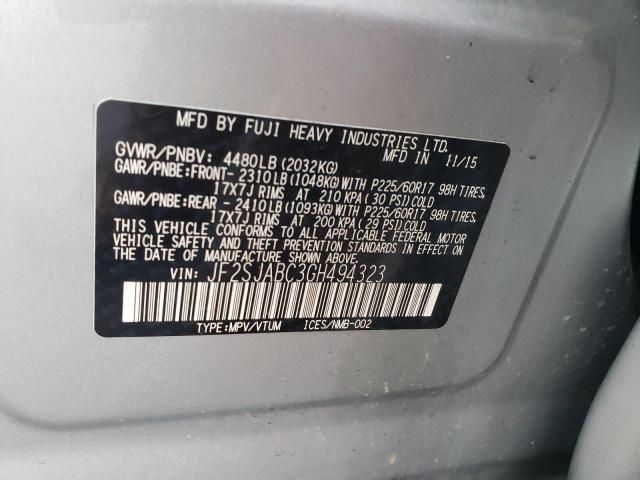 2016 SUBARU FORESTER 2 - JF2SJABC3GH494323