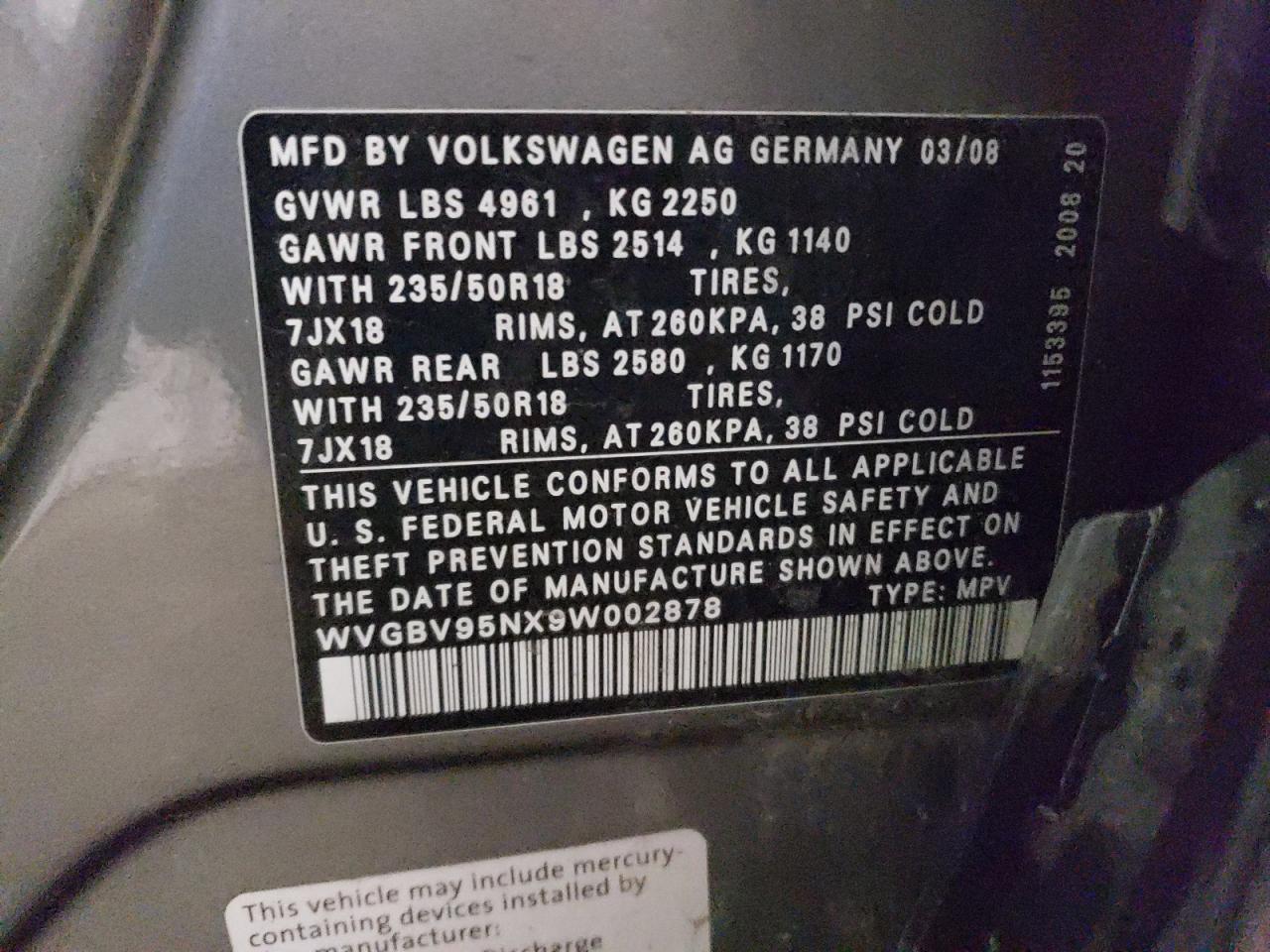 WVGBV95NX9W002878 2009 Volkswagen Tiguan Se