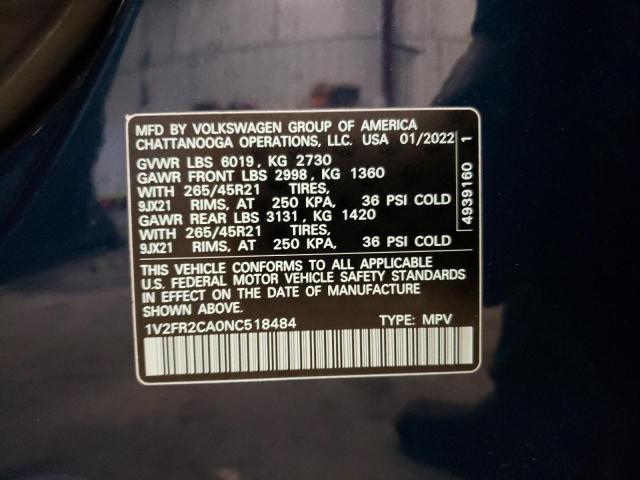 2022 VOLKSWAGEN ATLAS SEL - 1V2FR2CA0NC518484