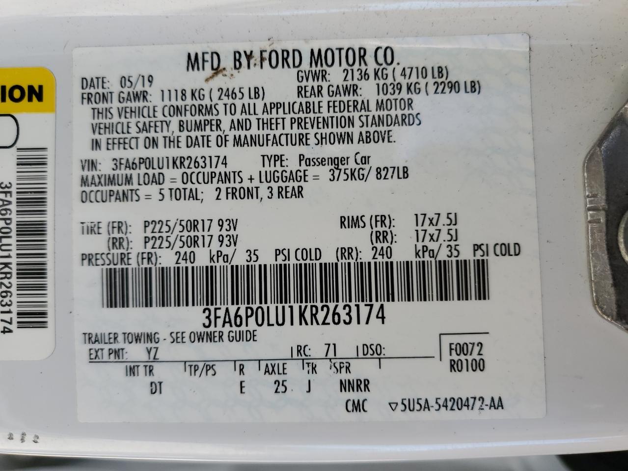 3FA6P0LU1KR263174 FORD FUSION 2019