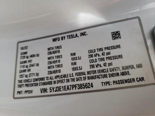5YJ3E1EA7PF385624 Tesla MODEL 3