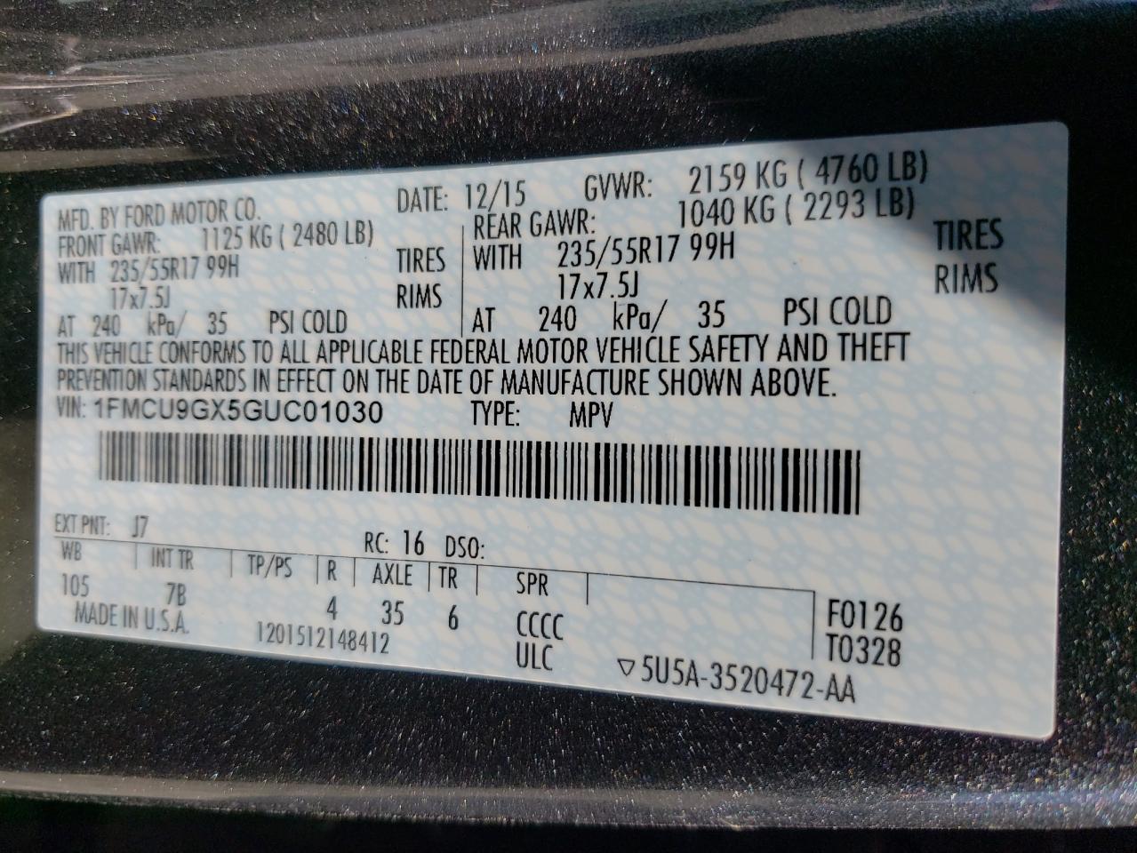 1FMCU9GX5GUC01030 FORD ESCAPE 2016