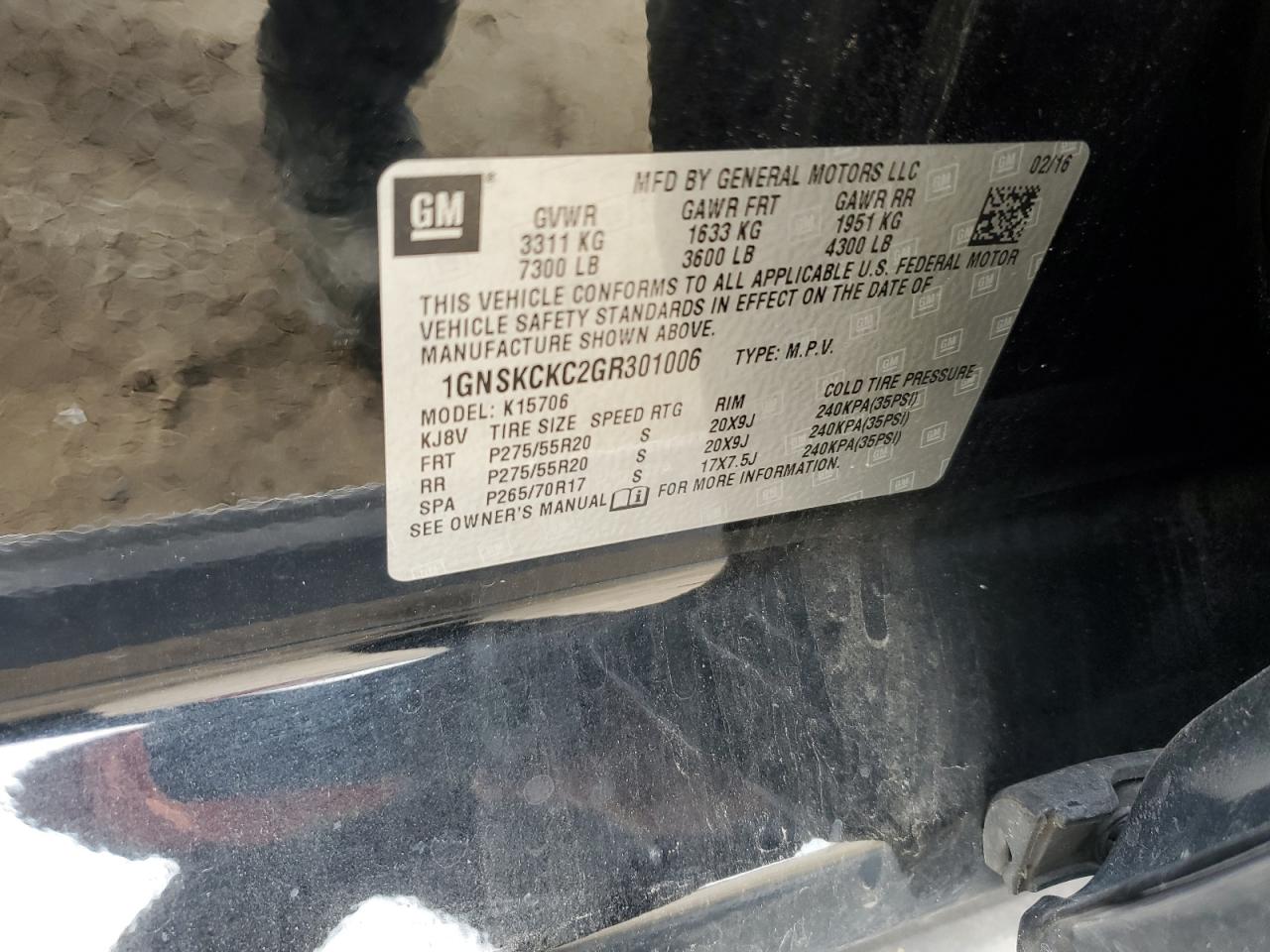 1GNSKCKC2GR301006 CHEVROLET TAHOE 2016