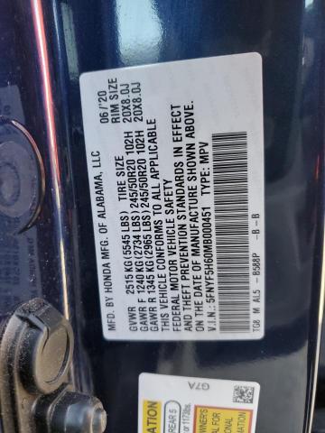 2021 HONDA PILOT TOUR 5FNYF5H60MB000451