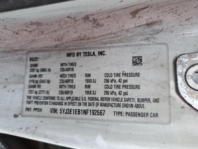 5YJ3E1EB1NF192567 Tesla MODEL 3