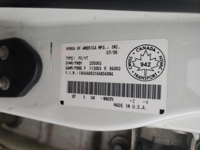 2006 ACURA 3.2TL VIN: 19UUA66216A804984