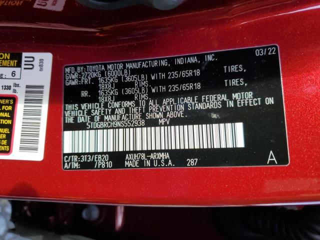 2022 TOYOTA HIGHLANDER 5TDGBRCH9NS552938