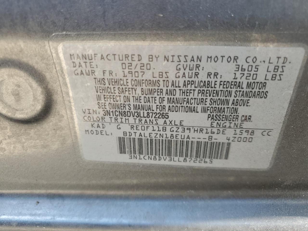 2020 Nissan Versa S VIN: 3N1CN8DV3LL872265 Lot: 40064773