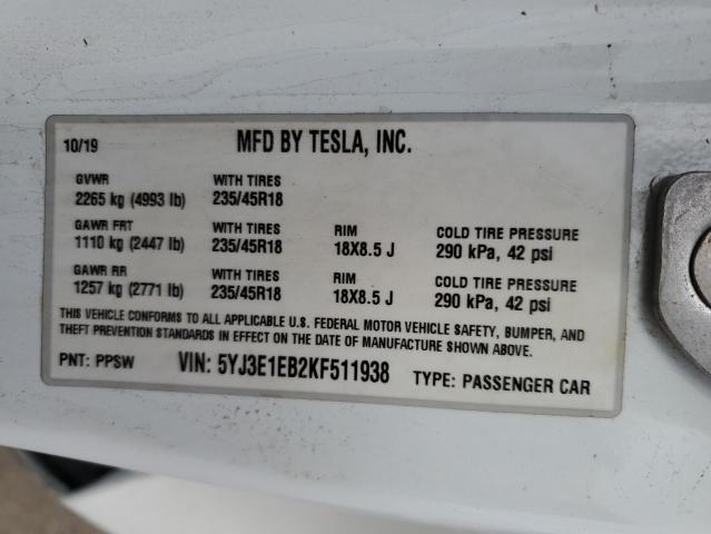 5YJ3E1EB2KF511938 Tesla MODEL 3