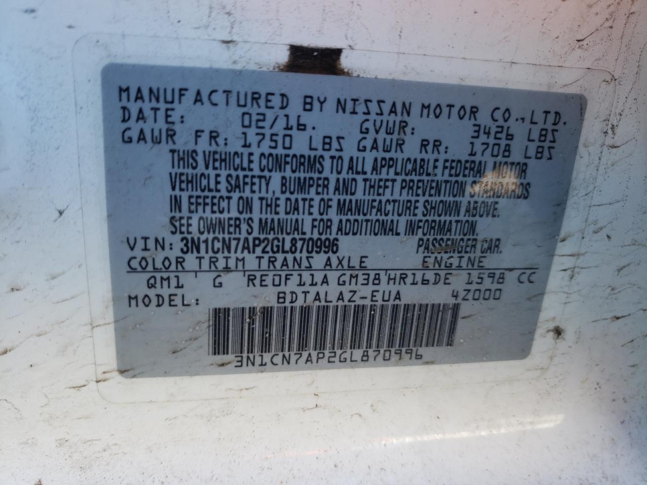 3N1CN7AP2GL870996 NISSAN VERSA 2016