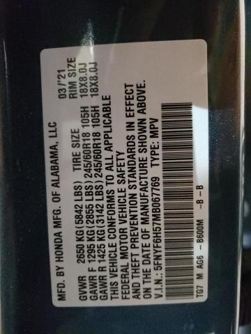 2021 HONDA PILOT EXL 5FNYF6H57MB067769