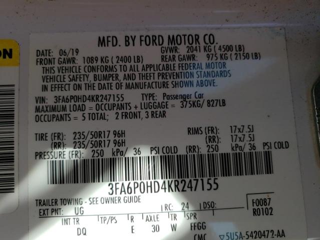 Auction sale of the 2019 FORD FUSION , vin: 3FA6P0HD4KR247155, lot number: 40450853