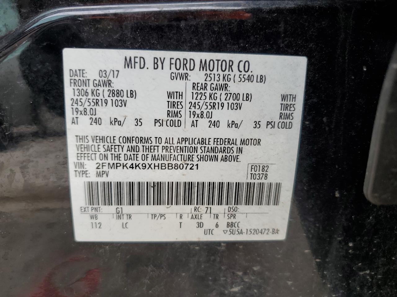 2FMPK4K9XHBB80721 FORD EDGE 2017