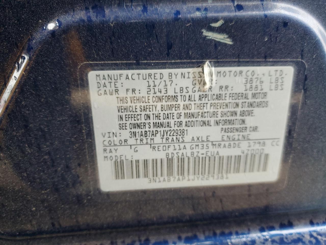 2018 Nissan Sentra S VIN: 3N1AB7AP1JY229381 Lot: 51837733