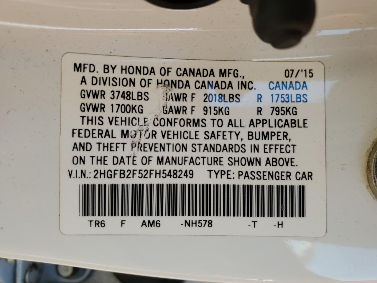 2HGFB2F52FH548249 2015 Honda Civic Lx