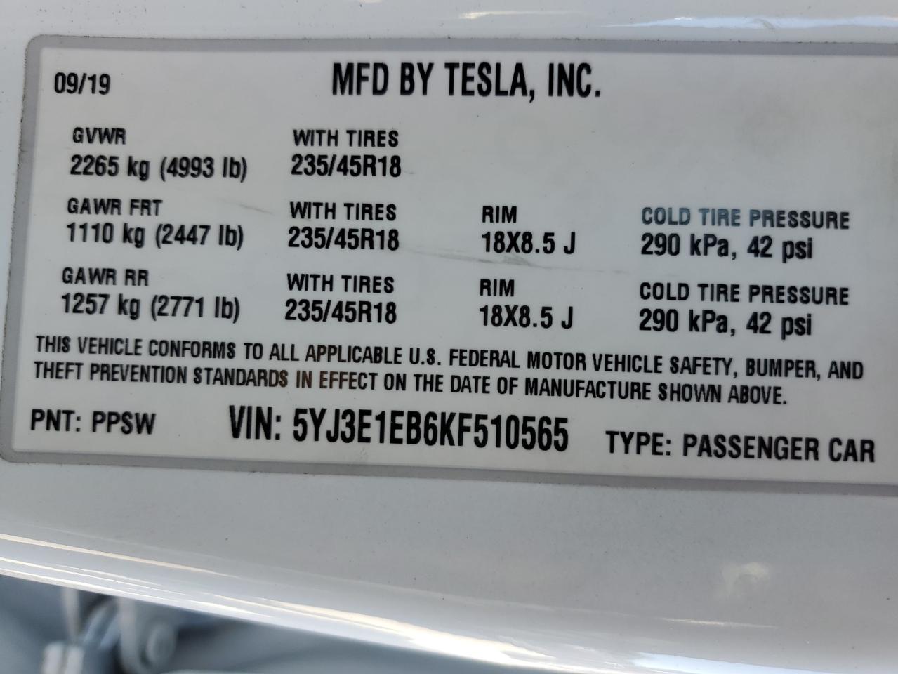 5YJ3E1EB6KF510565 2019 Tesla Model 3