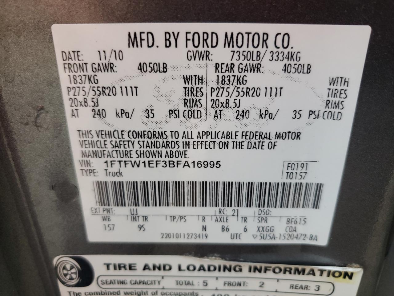 1FTFW1EF3BFA16995 2011 Ford F150 Supercrew