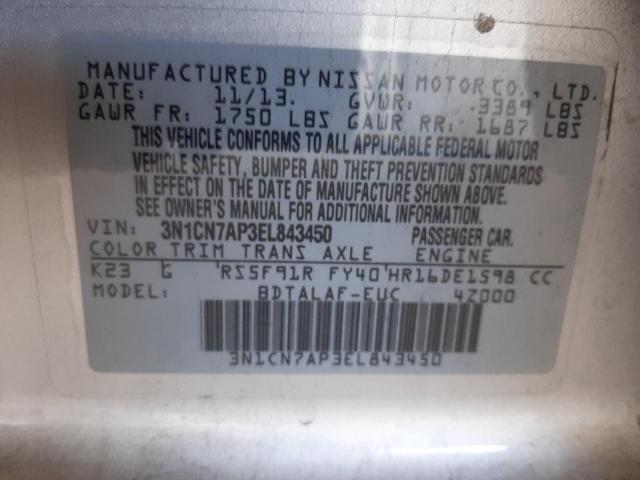 3N1CN7AP3EL843450 Nissan VERSA S